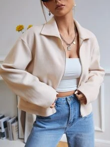 SHEIN EZwear Drop Shoulder Zipper Tweed Overcoat - Beige - View 1