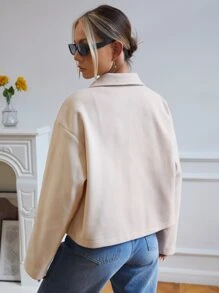 SHEIN EZwear Drop Shoulder Zipper Tweed Overcoat - Beige - View 2