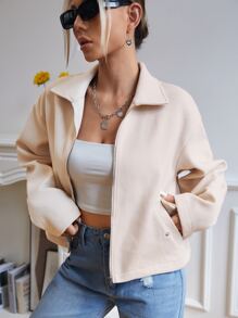 SHEIN EZwear Drop Shoulder Zipper Tweed Overcoat - Beige - View 3