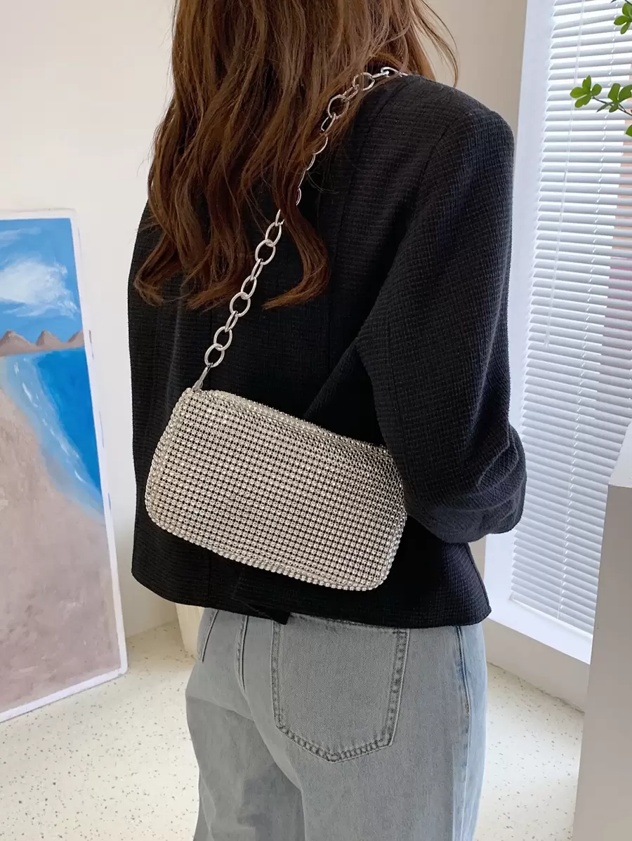 鑲有水晶的手拿肩袋,鏈帶設計,時尚拉鍊收口晚宴包,高端紋理斜挎包 - 銀色 - 查看 1