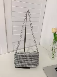 鑲有水晶的手拿肩袋,鏈帶設計,時尚拉鍊收口晚宴包,高端紋理斜挎包 - 銀色 - 查看 2