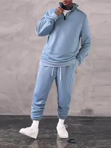 Manfinity Homme 男士半拉鏈運動衫和腰部抽繩衛褲 - 霧霾藍 - 查看 1