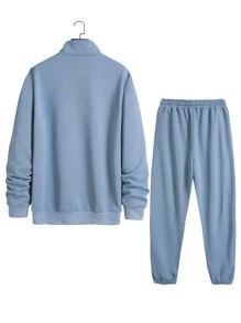 Manfinity Homme 男士半拉鏈運動衫和腰部抽繩衛褲 - 霧霾藍 - 查看 2