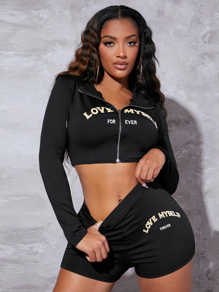 SHEIN SXY Letter Graphic Zip Up Crop Top & Biker Shorts Set