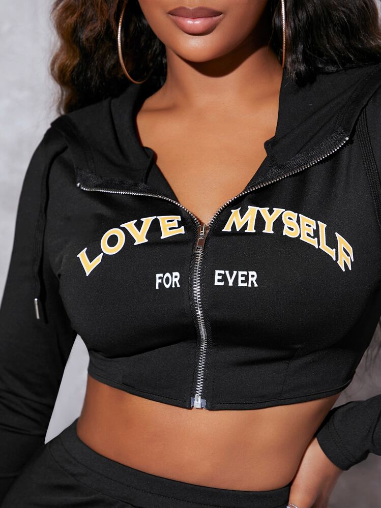 SHEIN SXY Letter Graphic Zip Up Crop Top & Biker Shorts Set