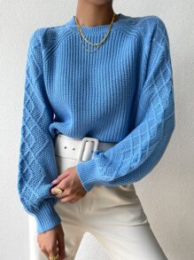 Raglan Sleeve Textured Knit Jumper - Blue - View 1