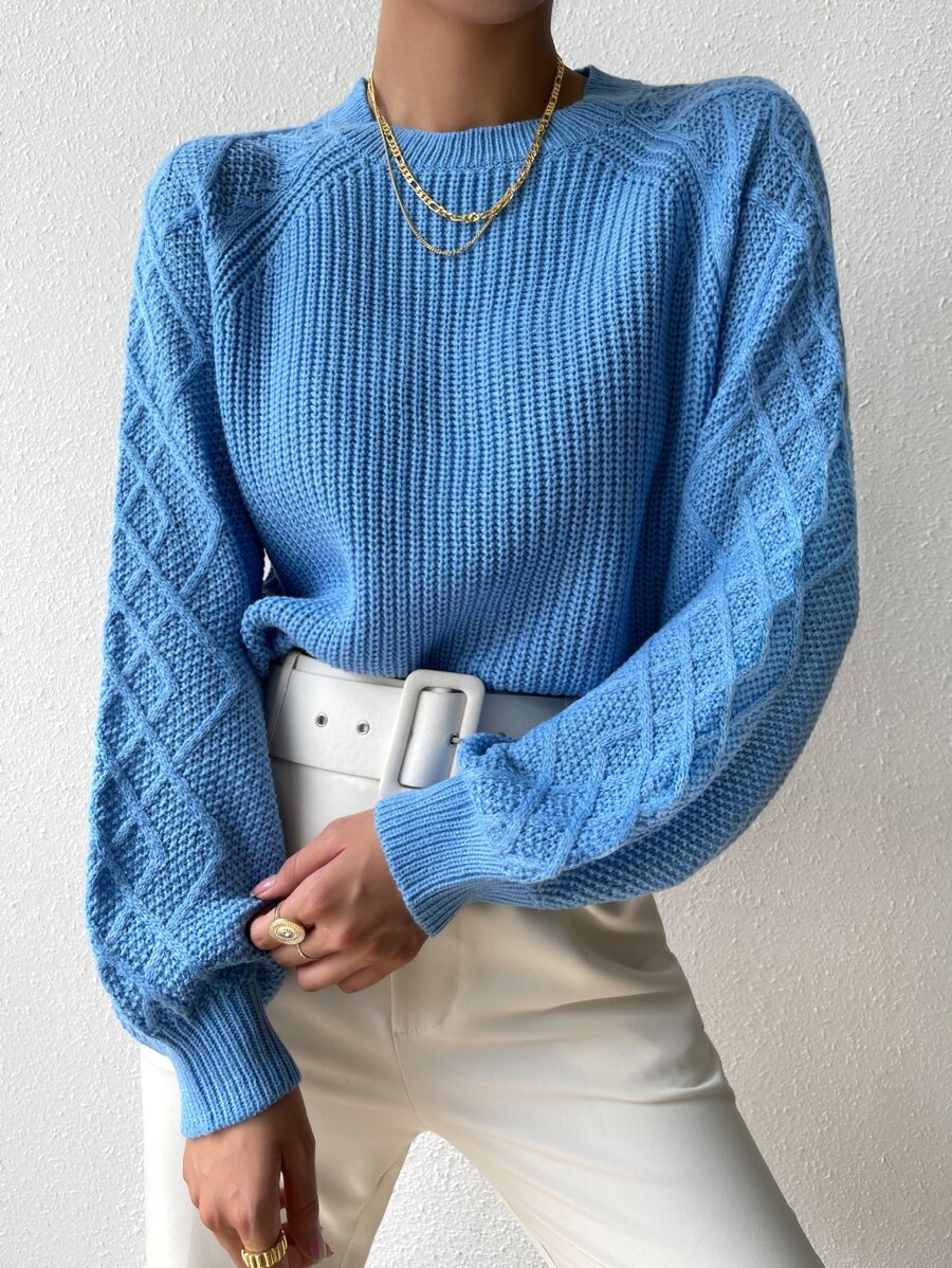 Raglan Sleeve Textured Knit Jumper - Blue - View 1