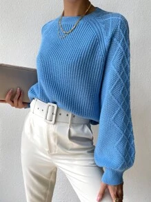 Raglan Sleeve Textured Knit Jumper - Blue - View 3