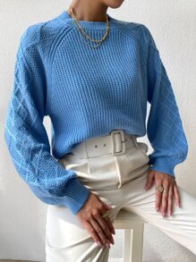 Raglan Sleeve Textured Knit Jumper - Blue - View 6