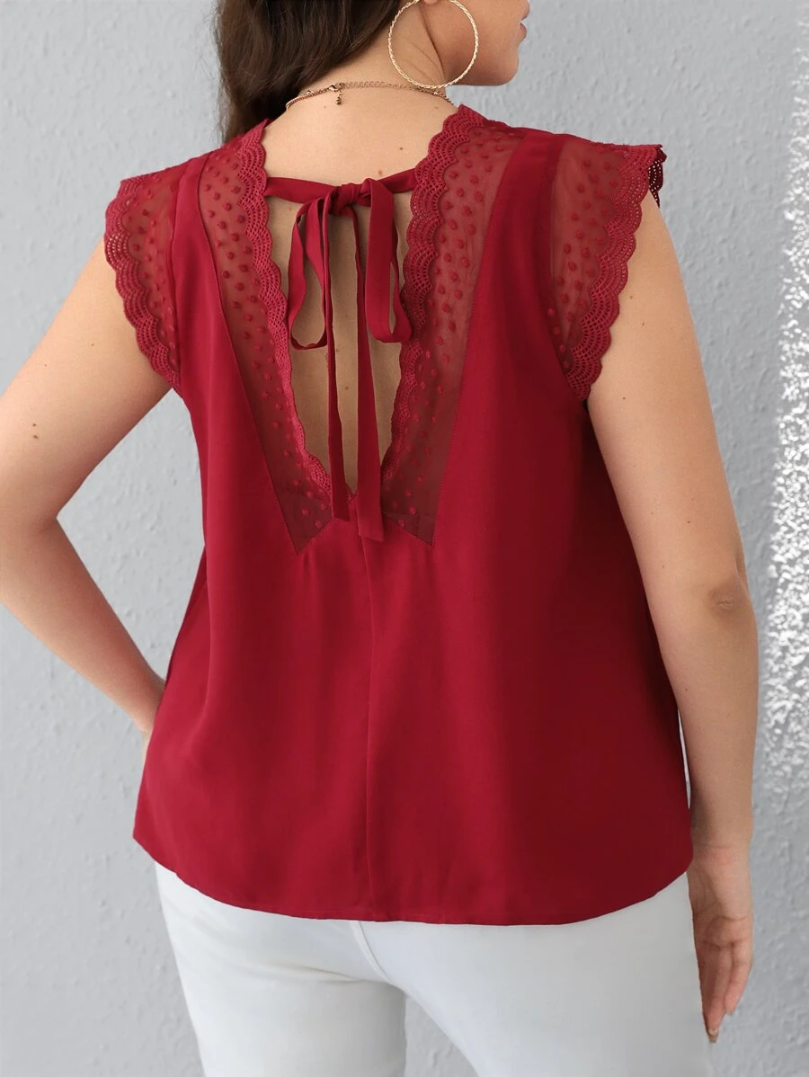 SHEIN Frenchy 大碼後背繫帶網紗拼接貝殼邊襯衫 - 酒紅色 - 查看 1
