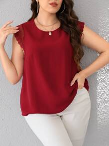 SHEIN Frenchy 大碼後背繫帶網紗拼接貝殼邊襯衫 - 酒紅色 - 查看 2