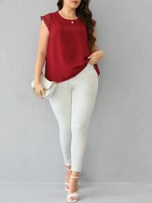 SHEIN Frenchy 大碼後背繫帶網紗拼接貝殼邊襯衫 - 酒紅色 - 查看 3