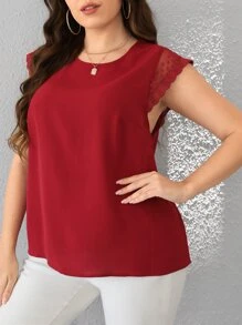 SHEIN Frenchy 大碼後背繫帶網紗拼接貝殼邊襯衫 - 酒紅色 - 查看 4