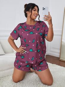 Conjunto de pijama con estampado de pata & dinosaurio - Morado - Ver 1