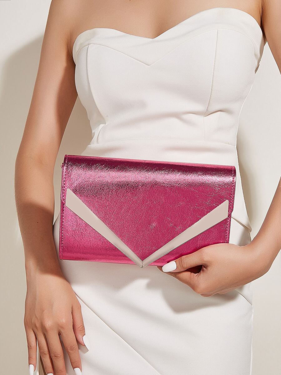 金屬質感信封包翻蓋鏈條帶前衛 - 玫紅色 - 查看 1