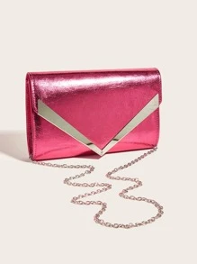 金屬質感信封包翻蓋鏈條帶前衛 - 玫紅色 - 查看 2