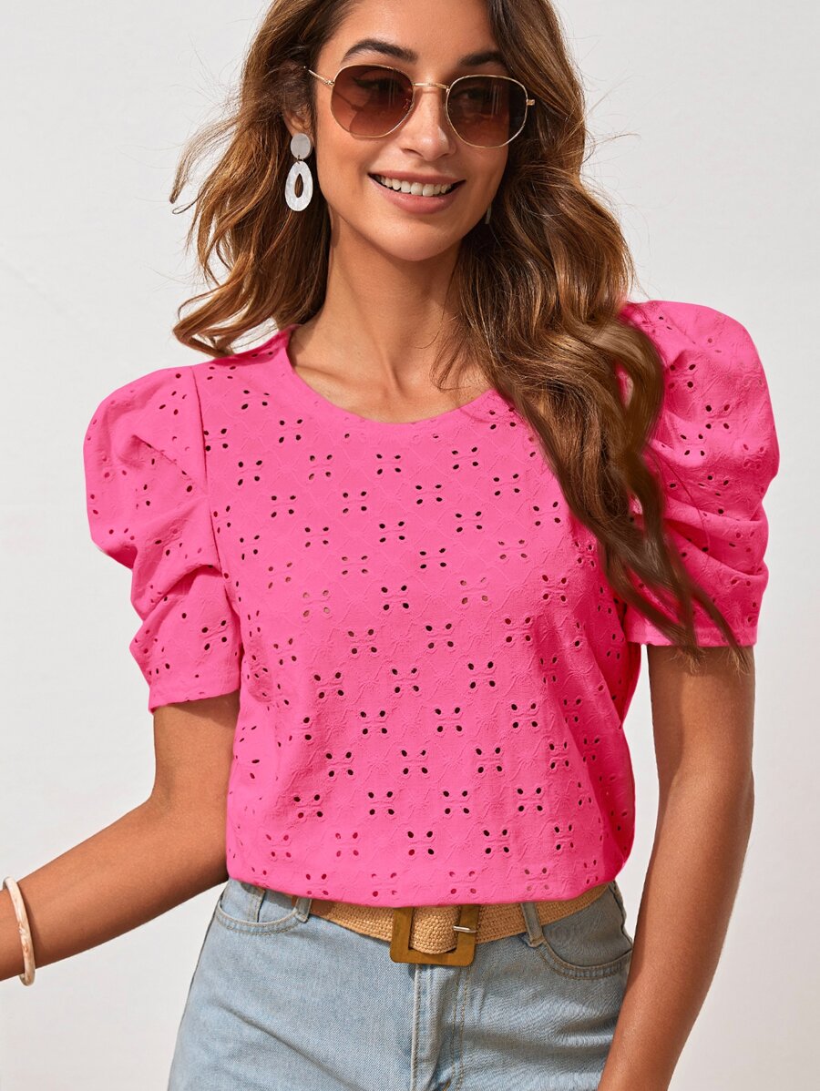 SHEIN Clasi Puff Sleeve Schiffy Tee - Pink - View 1