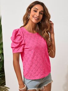 SHEIN Clasi Puff Sleeve Schiffy Tee - Pink - View 5