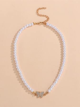 鑽石蝴蝶造型假珍珠串珠項鍊