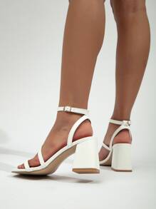 Chunky Heeled Ankle Strap Sandals - White - View 3