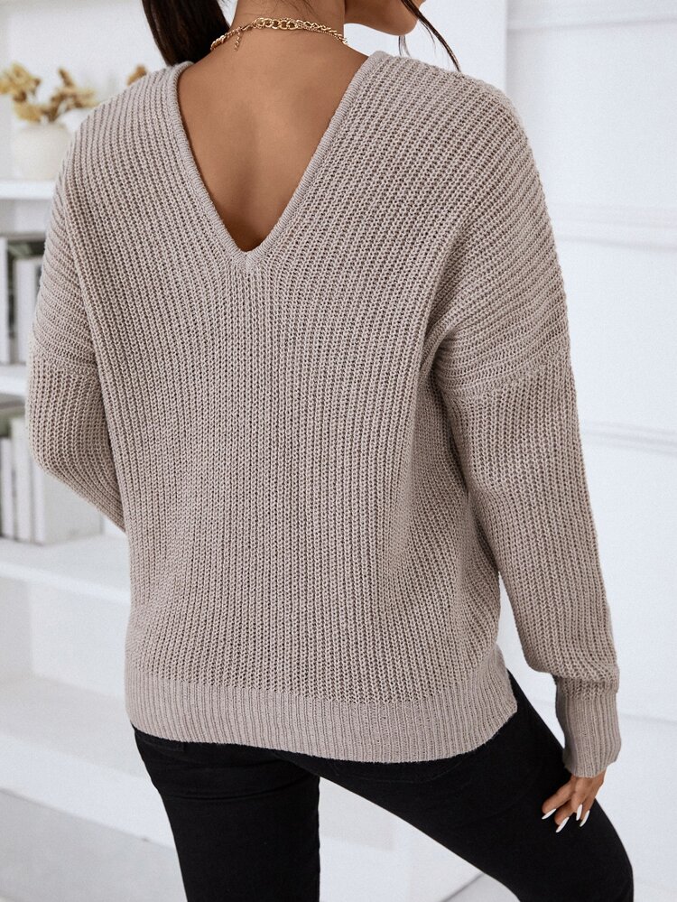 V Neck Drop Shoulder Sweater,Long Sleeve Tops Knit Pullover Fall Winter