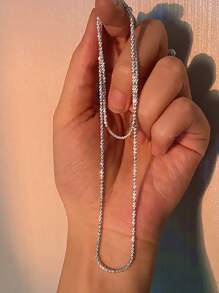 1pc Simple Women Shiny Wave-Surfaced Serpentine Chain Necklace - Silver - View 2