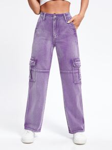High Waist Flap Pockets Cargo Jeans - Lilac Purple - View 5