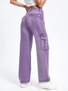 High Waist Flap Pockets Cargo Jeans - Lilac Purple - View 3