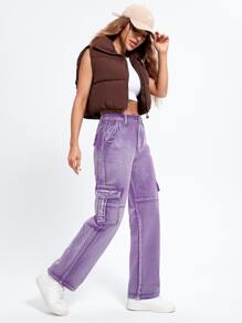 High Waist Flap Pockets Cargo Jeans - Lilac Purple - View 4