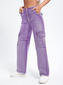 High Waist Flap Pockets Cargo Jeans - Lilac Purple - View 2
