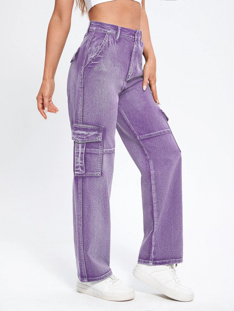 High Waist Flap Pockets Cargo Jeans - Lilac Purple - View 1