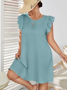 SHEIN VCAY Plus Ruffle Sleeve Tunic Dress - Mint Blue - View 1