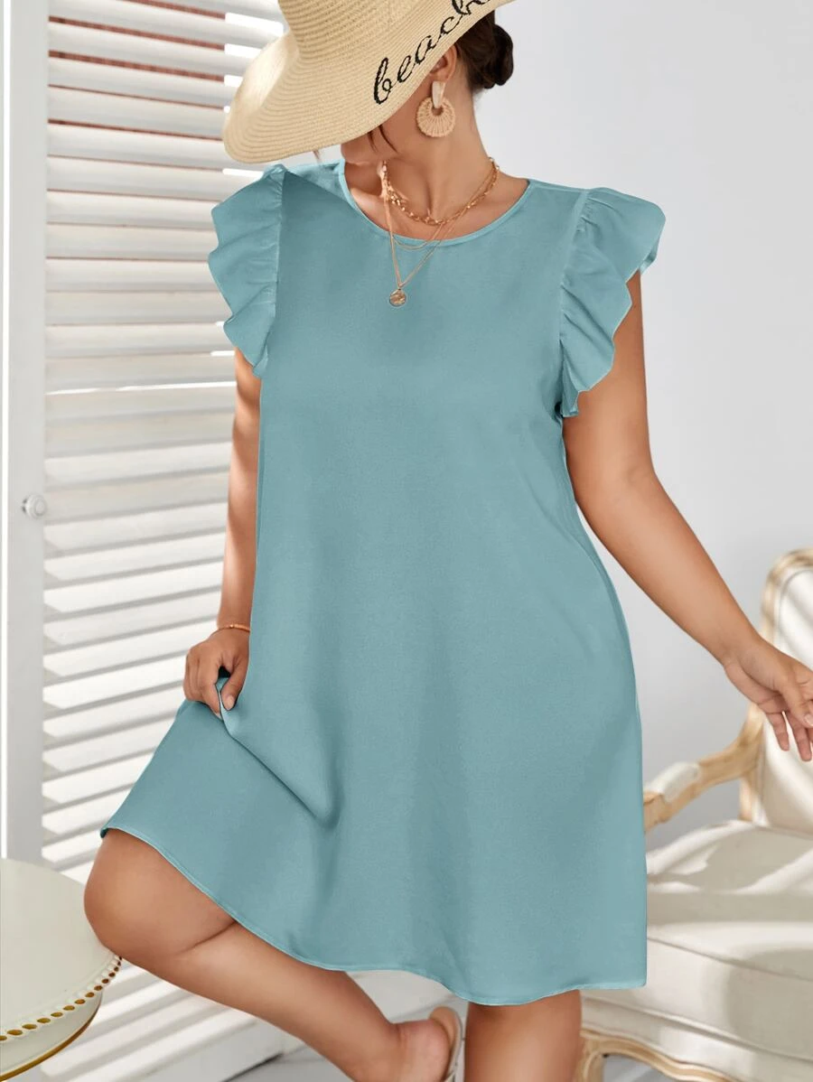 SHEIN VCAY Plus Ruffle Sleeve Tunic Dress - Mint Blue - View 1