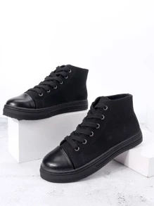 女士柔軟時尚圓頭繫帶帆布高筒休閒運動鞋四季 - 黑色 - 查看 4