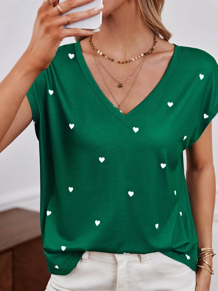 SHEIN Frenchy Heart Print Batwing Sleeve Tee Summer Green Green - Green - View 1