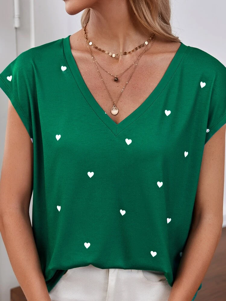 SHEIN Frenchy Heart Print Batwing Sleeve Tee Summer Green Green - Green - View 4