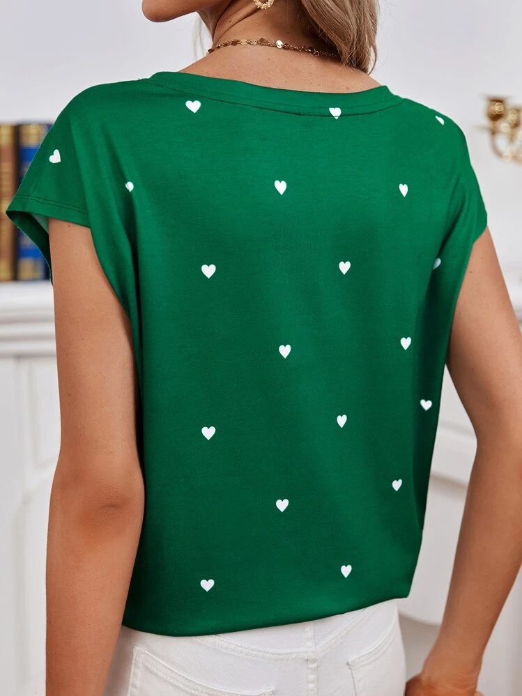 SHEIN Frenchy Heart Print Batwing Sleeve Tee Summer Green Green - Green - View 5