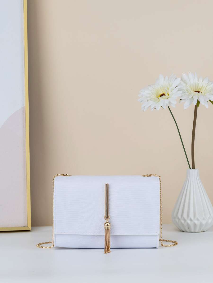 迷你蜥蜴壓花流蘇裝飾翻蓋鏈條方包 - 白色 - 查看 1