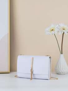 迷你蜥蜴壓花流蘇裝飾翻蓋鏈條方包 - 白色 - 查看 2