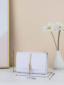 迷你蜥蜴壓花流蘇裝飾翻蓋鏈條方包 - 白色 - 查看 5