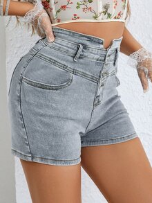 Quần short denim nữ Túi Dây kéo Nút phía trước màu trơn - Rửa nhẹ - Xem 5
