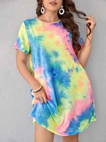 SHEIN Essnce Plus Tie Dye Tee Dress For Summer - Multicolor - View 1