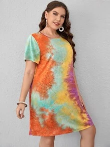 SHEIN Essnce Plus Tie Dye Tee Dress, Summer - Orange - View 3
