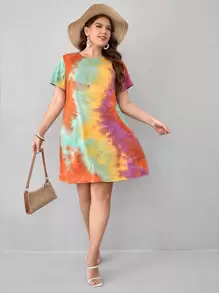 SHEIN Essnce Plus Tie Dye Tee Dress, Summer - Orange - View 4