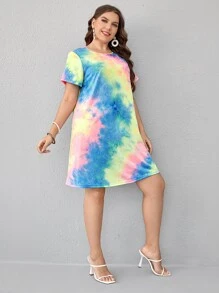 SHEIN Essnce Plus Tie Dye Tee Dress For Summer - Multicolor - View 3