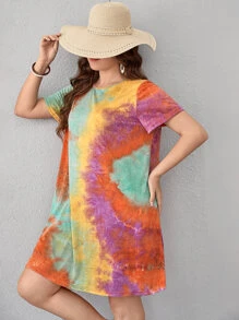 SHEIN Essnce Plus Tie Dye Tee Dress, Summer - Orange - View 5