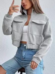 EMERY ROSE Solid Zip Up Drop Shoulder Sweatshirt,Long Sleeve Tops Graduation,Back To School Outfits,Graduation,Teacher Outfits For Women,Back To School Pullover Fall Outfit - Grey - View 1