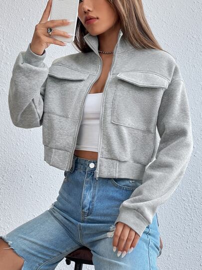 EMERY ROSE Solid Zip Up Drop Shoulder Sweatshirt,Long Sleeve Tops Graduation,Back To School Outfits,Graduation,Teacher Outfits For Women,Back To School Pullover Fall Outfit