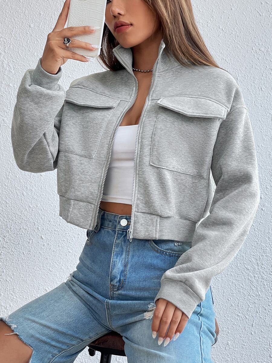EMERY ROSE Solid Zip Up Drop Shoulder Sweatshirt,Long Sleeve Tops Graduation,Back To School Outfits,Graduation,Teacher Outfits For Women,Back To School Pullover Fall Outfit - Grey - View 1
