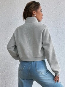 EMERY ROSE Solid Zip Up Drop Shoulder Sweatshirt,Long Sleeve Tops Graduation,Back To School Outfits,Graduation,Teacher Outfits For Women,Back To School Pullover Fall Outfit - Grey - View 2